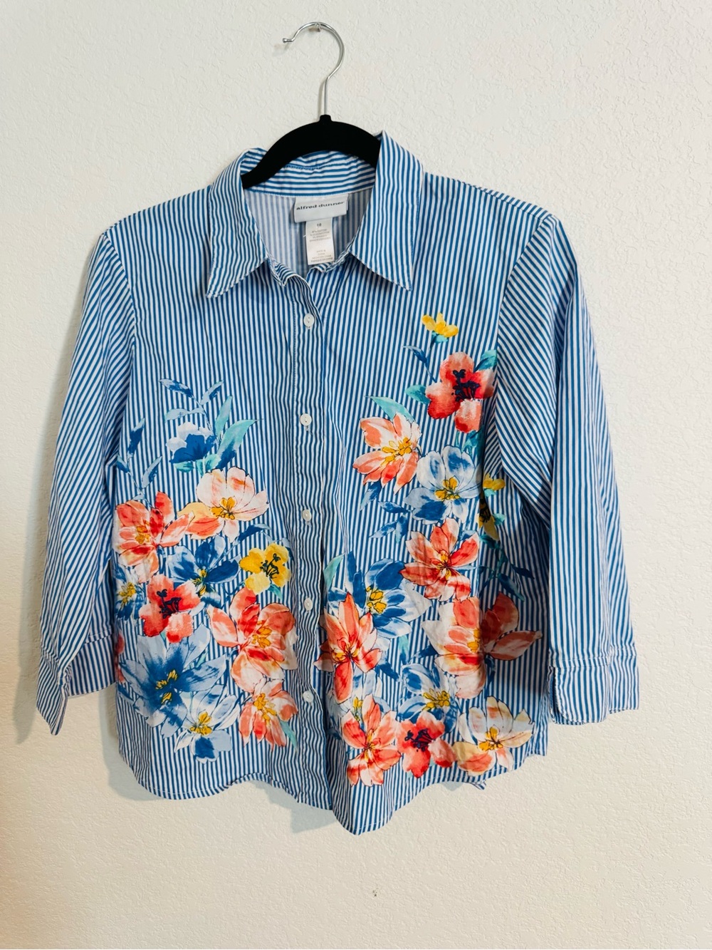 Alfred Dunner Blue Striped Button-Down with Multicolor Floral Print
